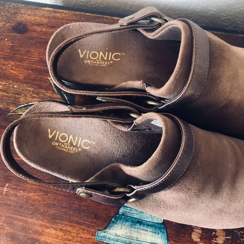 Vionic Adelaide Orthoheel Wedge Mule Slingback  Size 9 Camel Suede Gold Strap